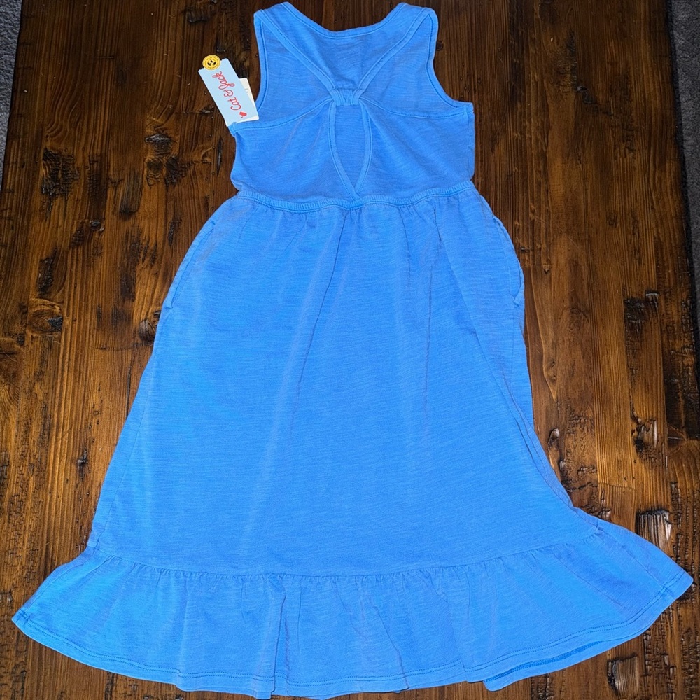Size 10/12 Brilliant Neon Blue Girl’s Knit Maxi Dress Twist Back with pocket - Picture 2 of 5